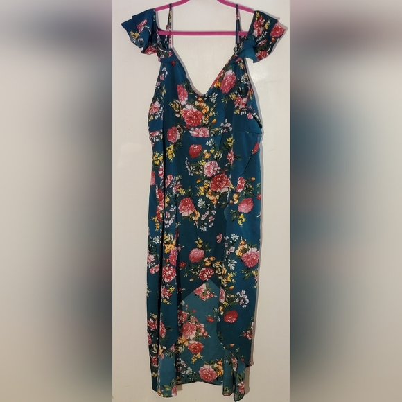 Floral Teal Cold Shoulder Faux Wrap Dress - Picture 1 of 6